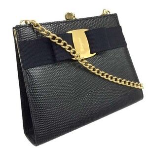 Salvatore Ferragamo Vara Chain Crossbody Bag Pochette Black Leather on